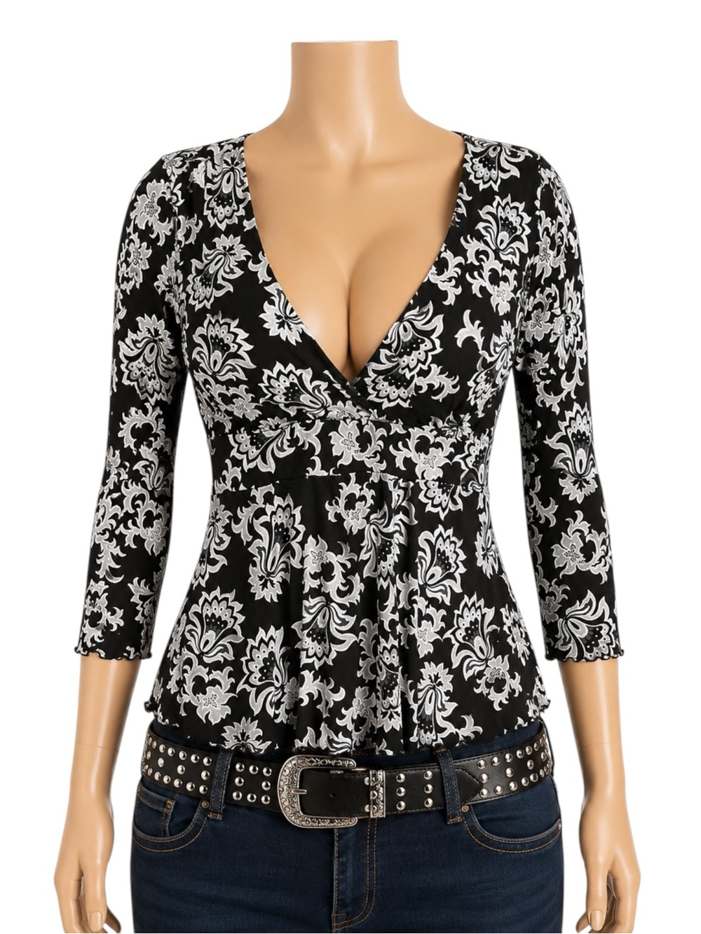 Vintage Y2K‎ Floral Babydoll Top Large Black White Fairy Grunge Wrap Boho